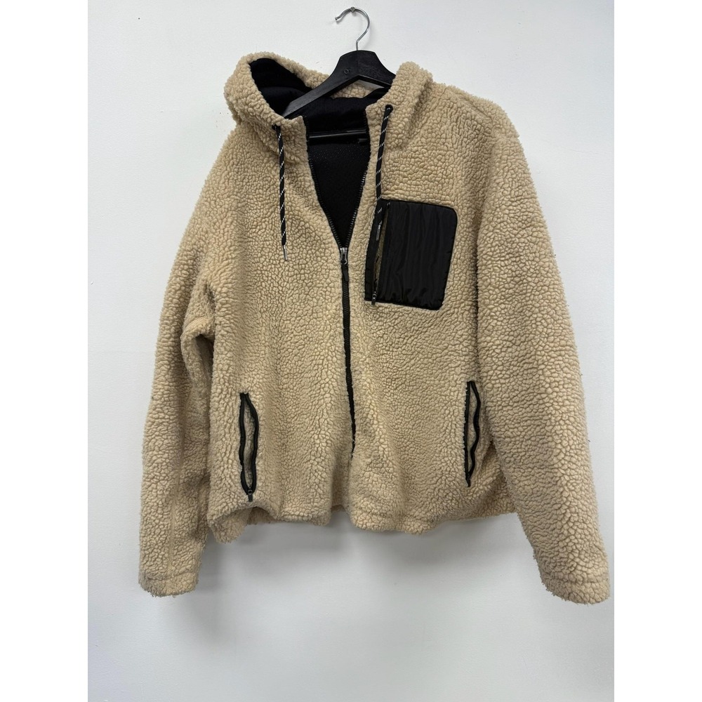 Eddie Bauer Jacket Womens 2XL Tan Sherpa Fleece Hooded Full Zip Chest Pocket